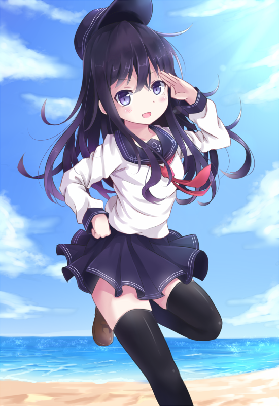 1girl, akatsuki_(kantai_collection), beach, black_hair, black_legwear, blue_eyes, flat_cap, hat