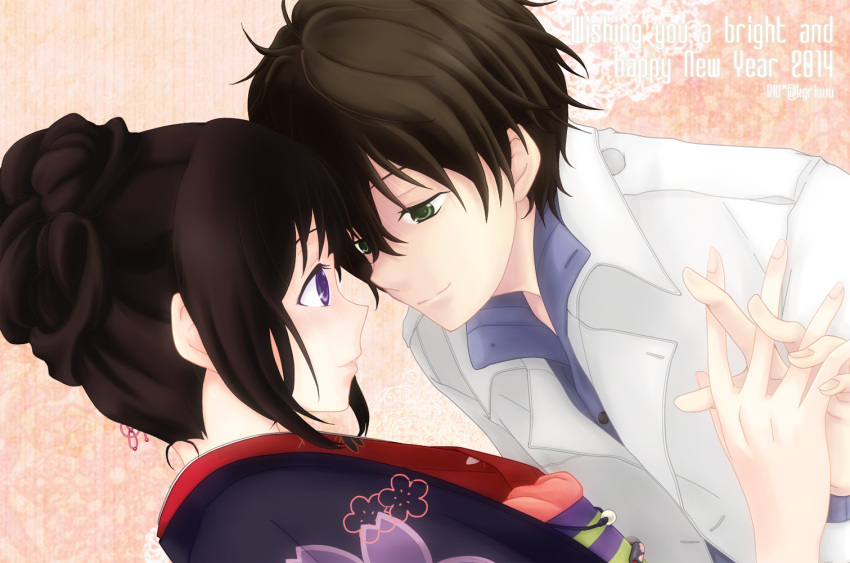 1boy, 1girl, black_hair, chitanda_eru, couple, evgrxxriu, green_eyes, hair_bun