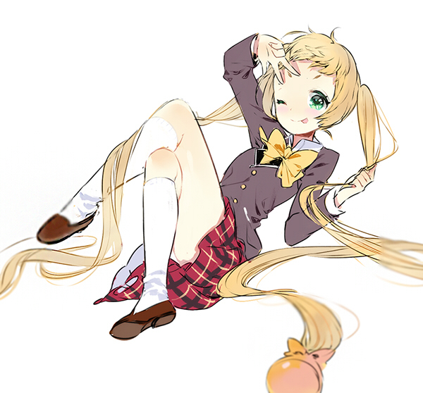 1girl, anco_(melon85), blonde_hair, chuunibyou_demo_koi_ga_shitai!, dekomori_sanae, green_eyes, long_hair, school_uniform, skirt, solo, tongue, twintails, wink