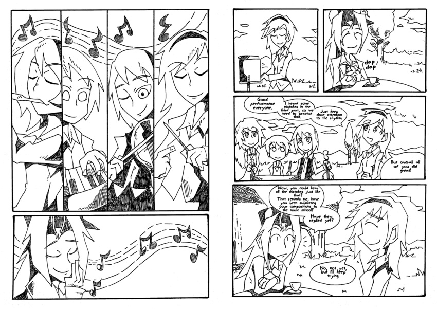 5girls, al_bhed_eyes, baton_(instrument), clapping, cloudy_sky, comic, cup, english, hairband, instrument, keyboard_(instrument), layla_prismriver, lunasa_prismriver, lyrica_prismriver, merlin_prismriver, mima, monochrome, multiple_girls, music, musical_note, setz, teacup, touhou, touhou_(pc-98), trumpet, violin