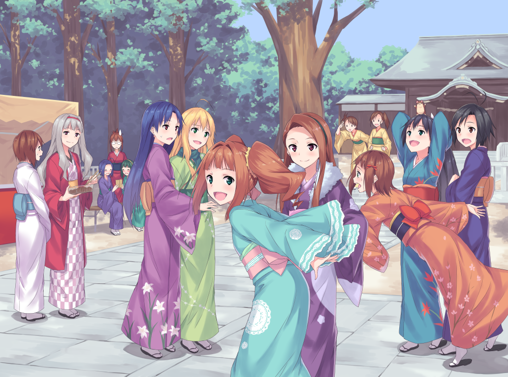 6+girls, ahoge, akizuki_ritsuko, amami_haruka, antenna_hair, aqua_eyes, black_hair, blonde_hair