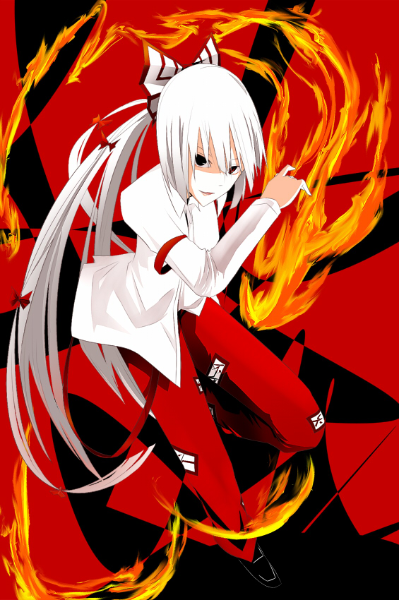 bad_id, black_eyes, bow, fighting_stance, fire, fujiwara_no_mokou, hair_bow, hair_ribbon