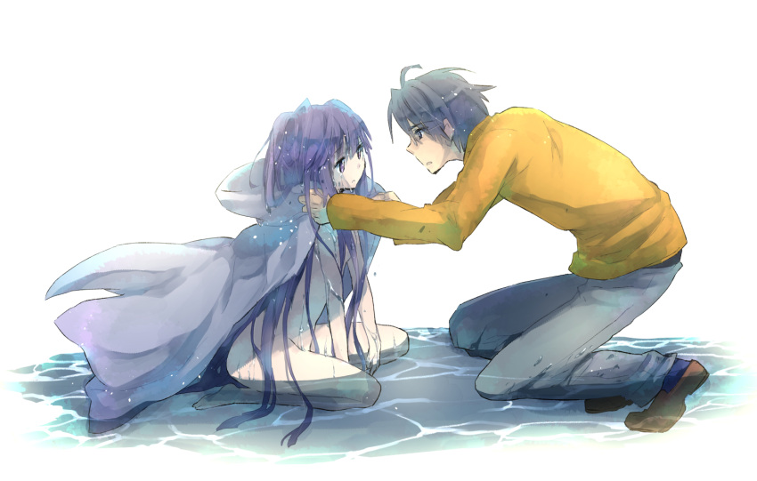 1boy, 1girl, akatsuki_(log_horizon), blue_hair, cape, covering, glasses, log_horizon