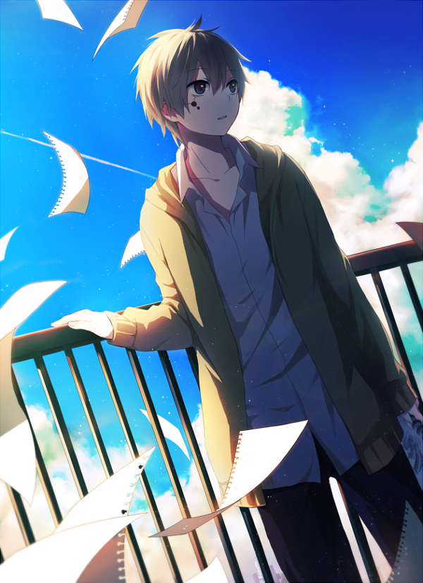 1boy, blue_sky, cloudy_sky, flying_paper, funota, grey_hair, hoodie, kagerou_project