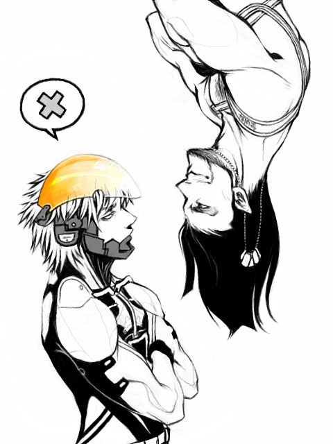 2boys, anger_vein, beard, cyborg, dog_tags, facial_hair, frown, metal_gear_solid_4