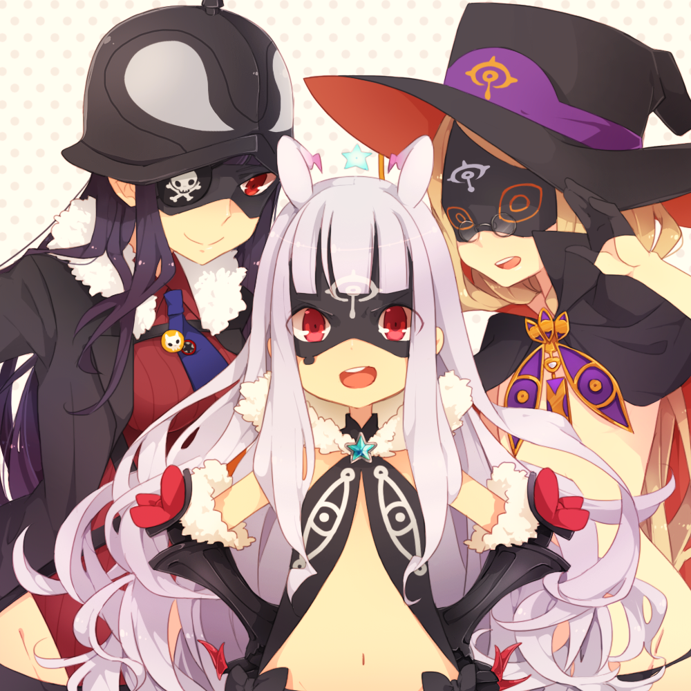 3girls, antenna_hair, bangs, bare_shoulders, blonde_hair, blunt_bangs, eyepatch, fur_trim, glasses, gloves, hat, helmet, hoshimiya_kate, long_hair, mask, midriff, multiple_girls, natasha_(sekai_seifuku), navel, necktie, open_mouth, plamja-sama, professor_um, purple_hair, red_eyes, sekai_seifuku:_bouryaku_no_zvezda, shikabane_itsuka, silver_hair, smile, star, venera-sama, very_long_hair, yugake_(mrnmrm)