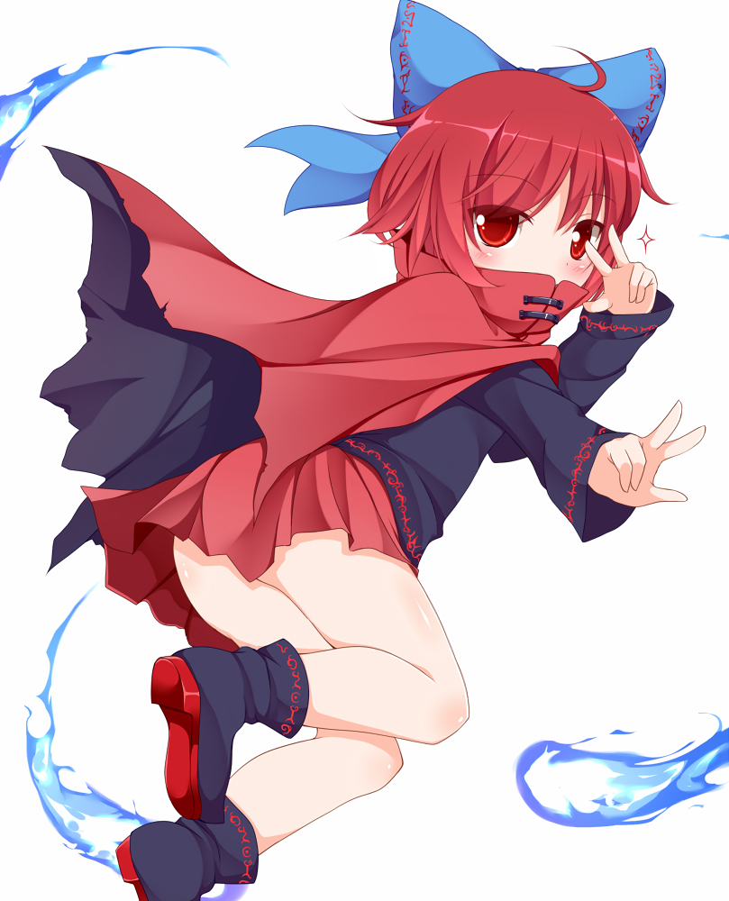 1girl, bow, cape, hair_bow, hitodama, looking_back, nikku_(ra), red_eyes