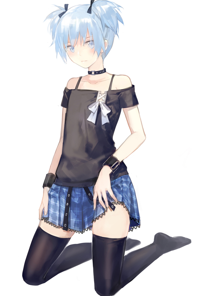 1boy, ansatsu_kyoushitsu, black_legwear, blue_eyes, blue_hair, bow, bra_strap, choker