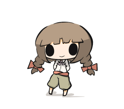 1girl, black_eyes, braid, brown_hair, chibi, long_hair, lowres, ribbon