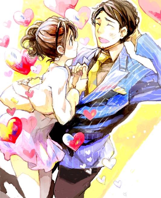1boy, 1girl, blush, brown_eyes, brown_hair, candelira, closed_eyes, couple, dorayan, earrings, formal, happy, heart, hetero, holding_hands, jewelry, looking_at_another, necktie, smile, suit, super_sentai, udo_nobuharu, zyuden_sentai_kyoryuger