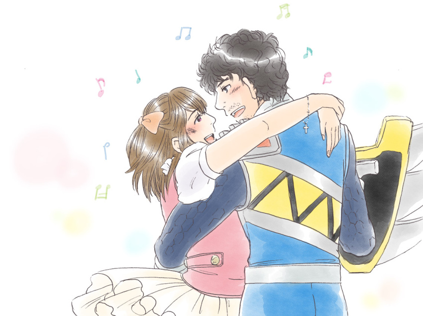 1boy, 1girl, black_hair, blush, brown_hair, candelira, couple, eye_contact, facial_hair, female, happy, hetero, hug, kyoryu_blue, long_hair, looking_at_another, male, moi_sphinx, musical_note, short_hair, smile, stubble, super_sentai, udou_nobuharu, zyuden_sentai_kyoryuger