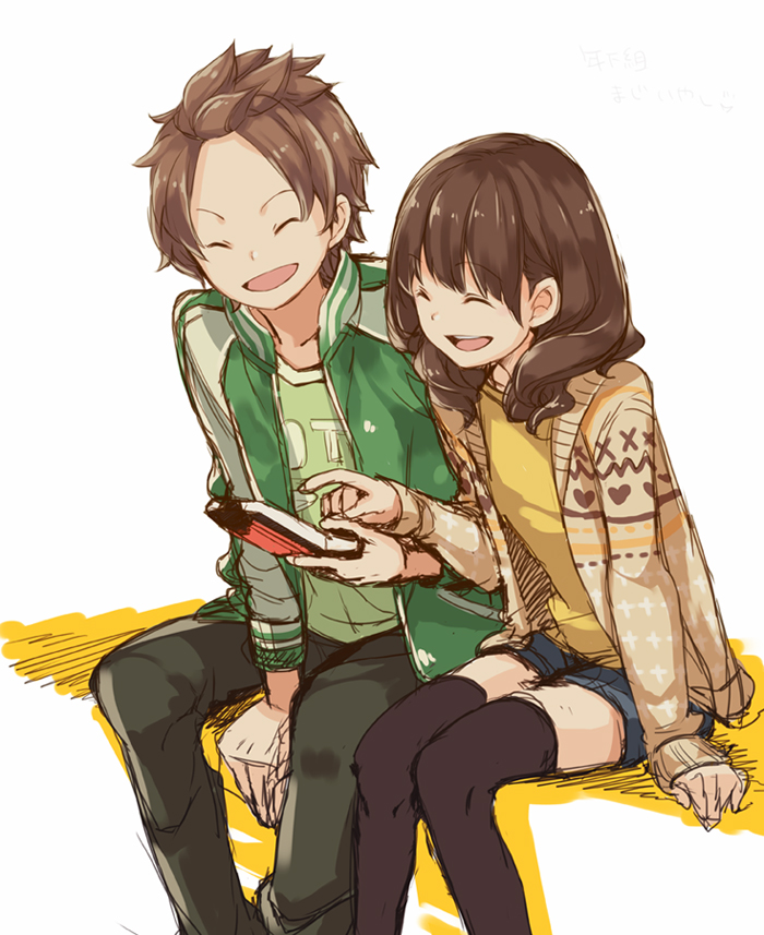 1boy, 1girl, black_legwear, brown_hair, chiko_(mizuho), female, hanaori_kotoha, jacket