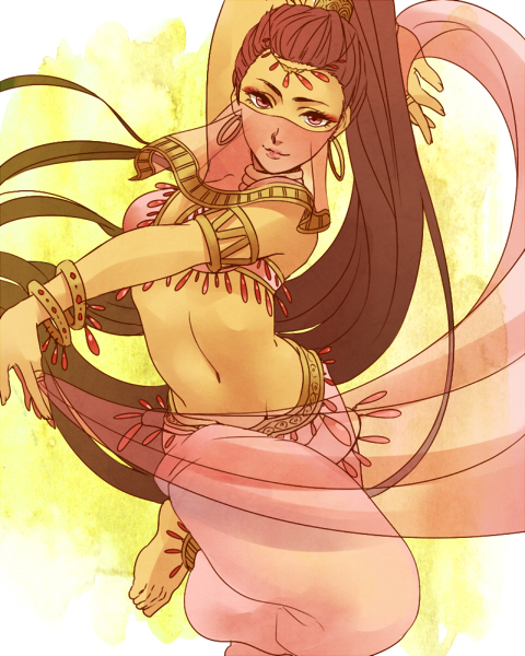 1girl, arabian_clothes, armlet, bad_id, barefoot, bracelet, brown_hair, closed_mouth, dancer, earrings, female, foot_out_of_frame, gensou_suikoden, gensou_suikoden_ii, high_ponytail, hoop_earrings, jewelry, karen_(suikoden), long_hair, looking_at_viewer, midriff, mouth_veil, nuku, pink_eyes, ponytail, ring, see-through, shawl, solo, veil, very_long_hair