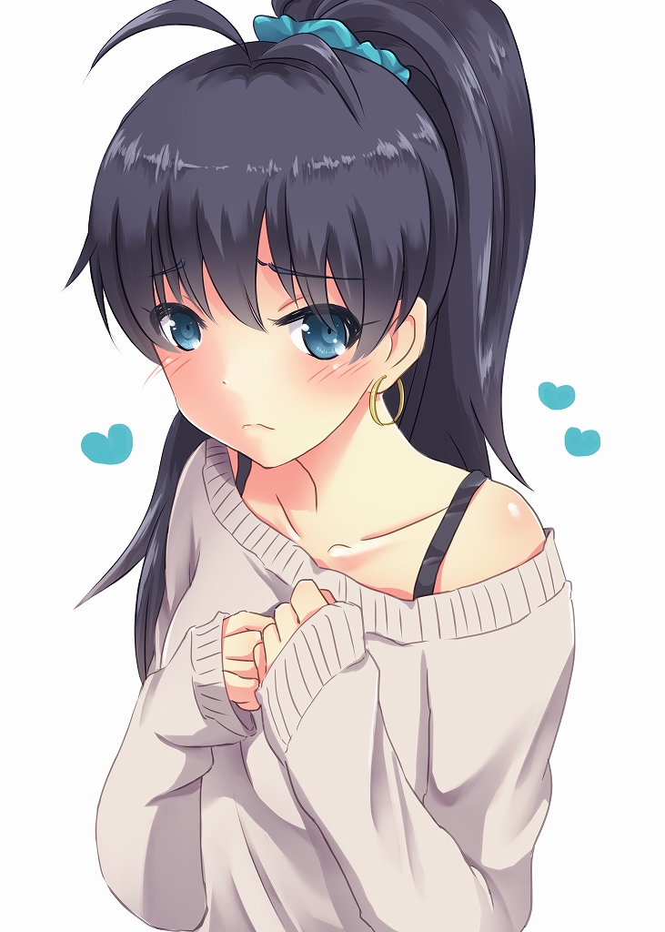 1girl, ahoge, antenna_hair, aqua_eyes, black_hair, blush, earrings, ganaha_hibiki, heart, hoop_earrings, idolmaster, jewelry, looking_at_viewer, mini39mame, ponytail, sleeves_past_wrists, solo, sweater