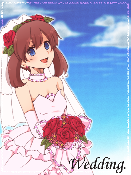 1girl, :d, bare_shoulders, blue_eyes, blush, bouquet, breasts, bridal_veil