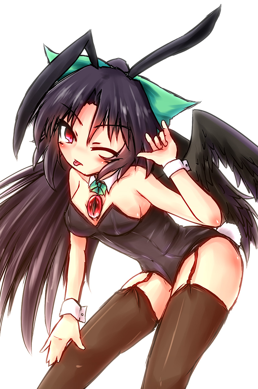 1girl, amiru9, animal_ears, black_hair, black_wings, bow, bowtie, breasts