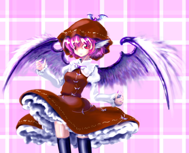 1girl, black_legwear, brown_dress, dress, feathered_wings, feconf, fingernails, hat