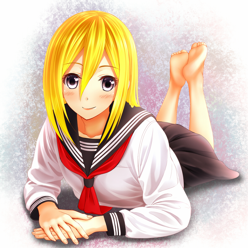 1girl, barefoot, blonde_hair, blue_eyes, blush, christa_renz, itoguchi_(manma_melon), lying