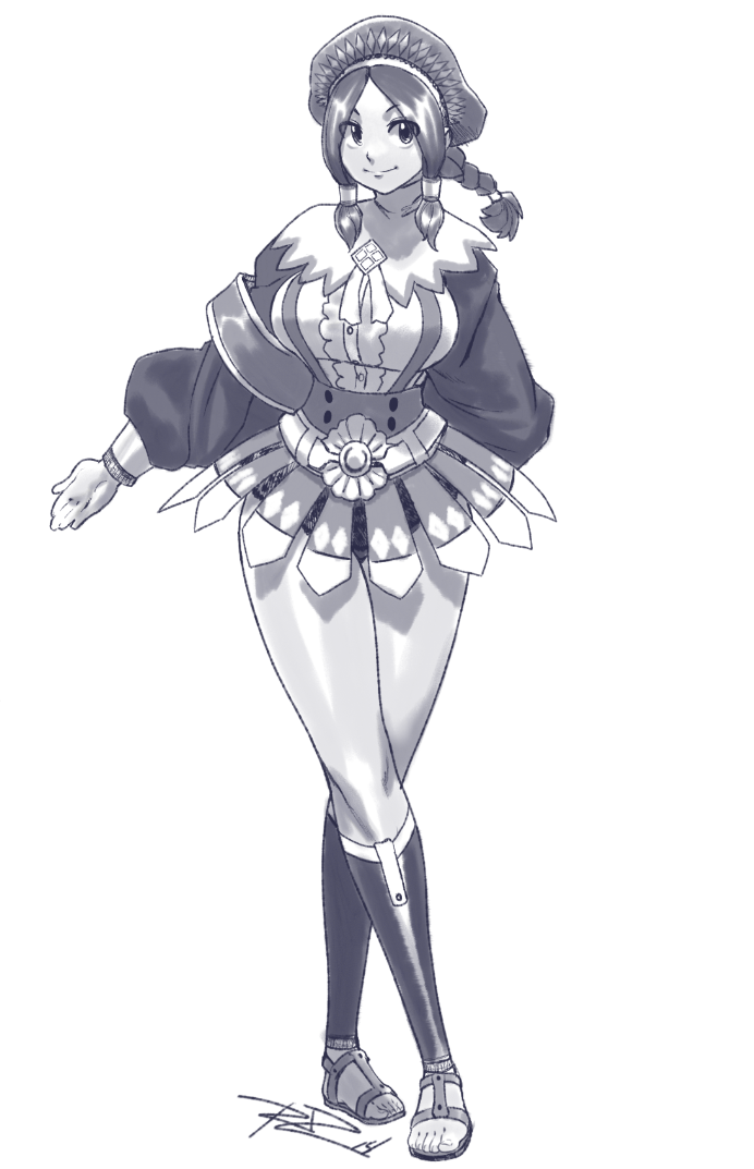 1girl, arm_behind_back, braid, breasts, crossed_legs_(standing), faulds, greaves, guild_sweetheart