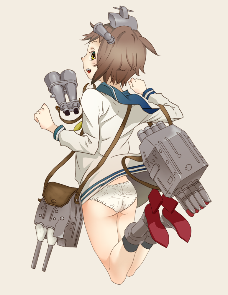 1girl, akai_kitsune, ass, binoculars, brown_hair, cannon, from_behind, hair_ornament