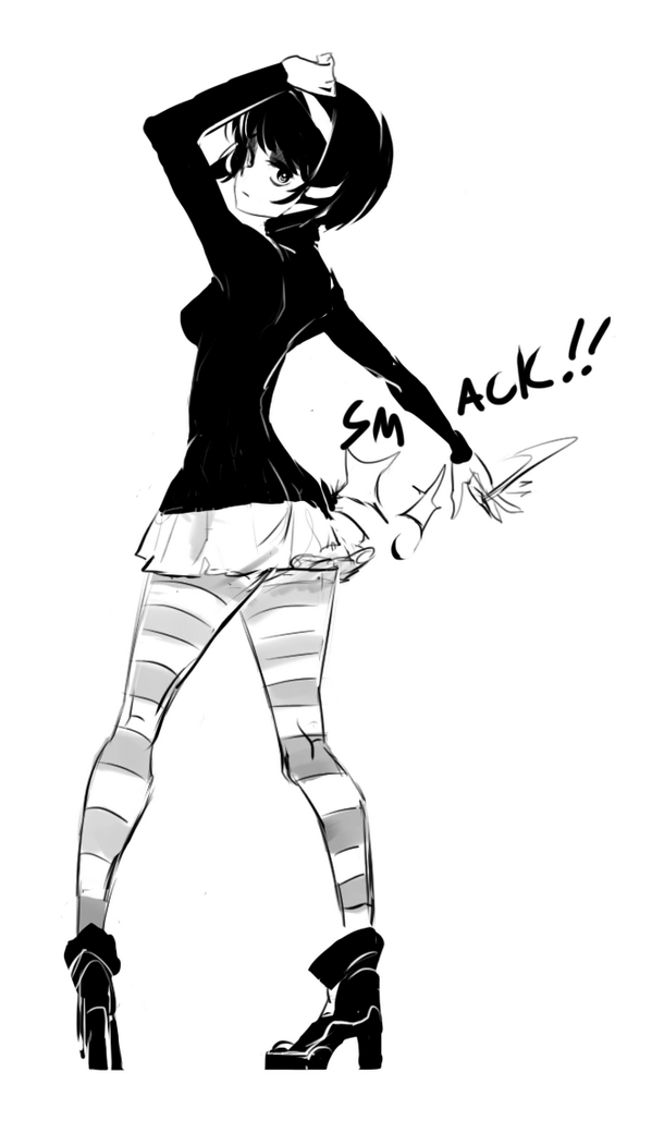 1girl, ass_smack, dan_kim, from_behind, hairband, high_heels, megatokyo, miniskirt, monochrome, pantyhose, pigeon-toed, short_hair, skirt, small_breasts, socks, solo, striped, striped_legwear, sweater, touya_miho, turtleneck