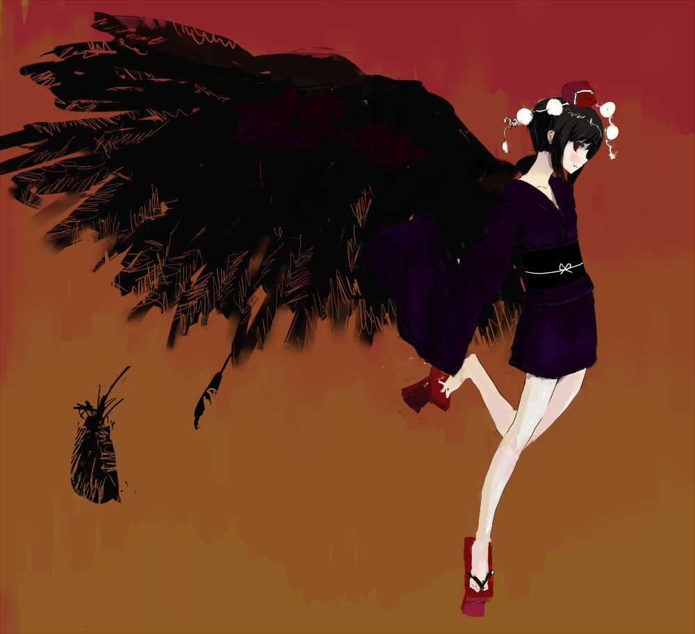 bad_id, black_hair, black_wings, feathers, geta, hat, japanese_clothes, kai_(kai_013)