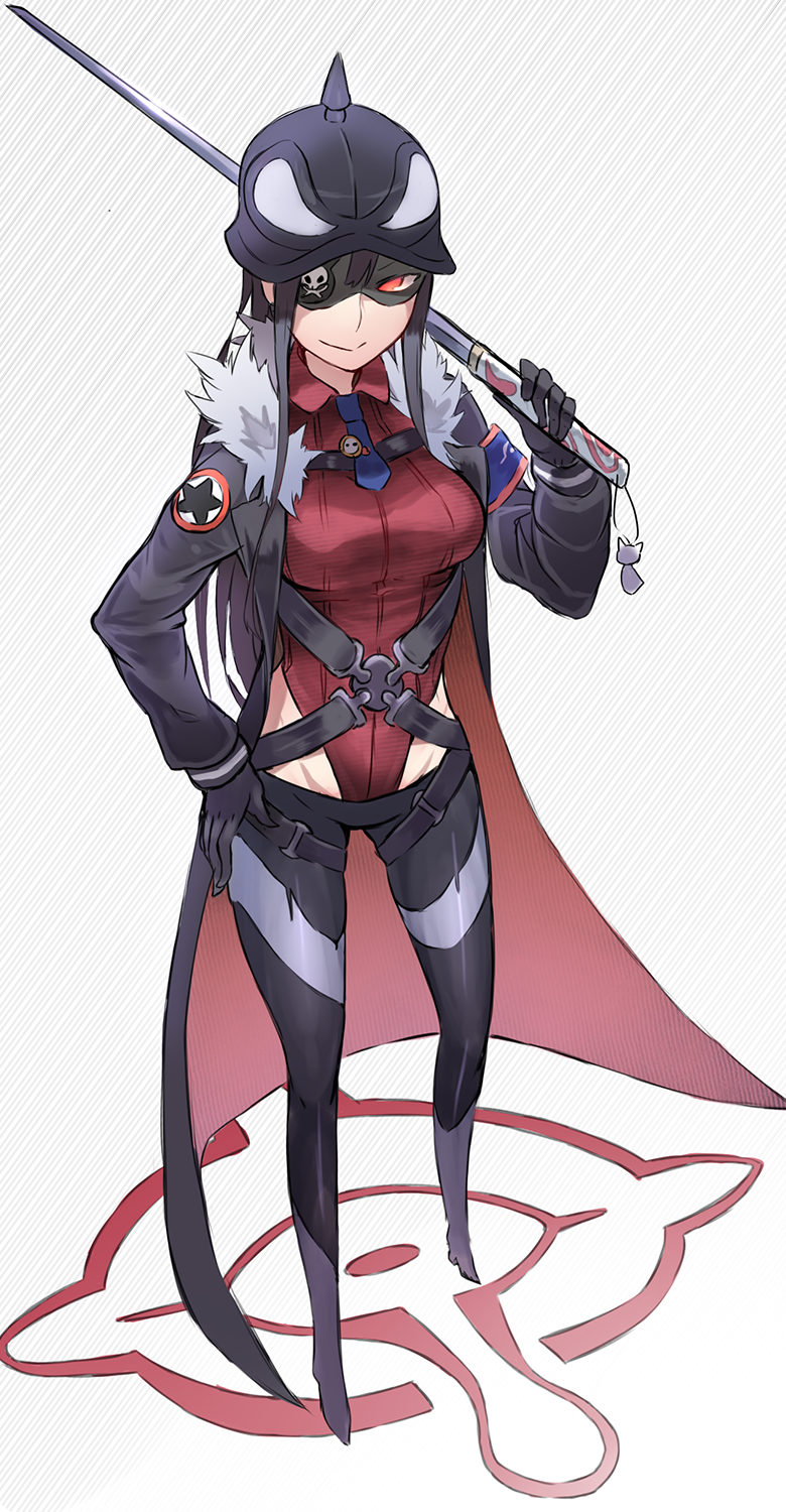 1girl, black_hair, coat, eyepatch, fur_trim, helmet, highleg, highleg_leotard, highres, leotard, long_hair, lowleg, lowleg_pants, mask, pants, plamja-sama, red_eyes, sekai_seifuku:_bouryaku_no_zvezda, shikabane_itsuka, shirogane_usagi, solo, sword, weapon
