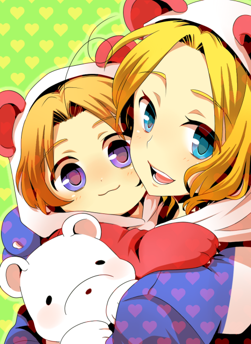 24x24, 2boys, :3, ahoge, animal_costume, axis_powers_hetalia, bear_costume, bear_hood