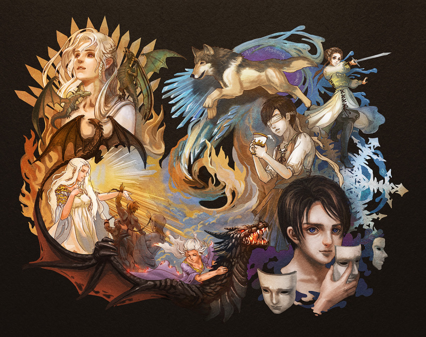 a_song_of_ice_and_fire, arya_stark, athena, blue_eyes, brown_hair, cup, daenerys_targaryen, dragon
