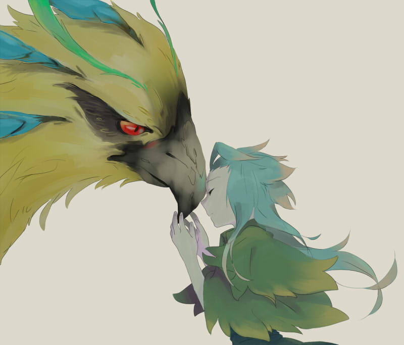 1girl, beak, bird, capelet, closed_eyes, expressionless, green_hair, kupala_(sekaiju), long_hair, monster, profile, sekaiju_no_meikyuu, simple_background