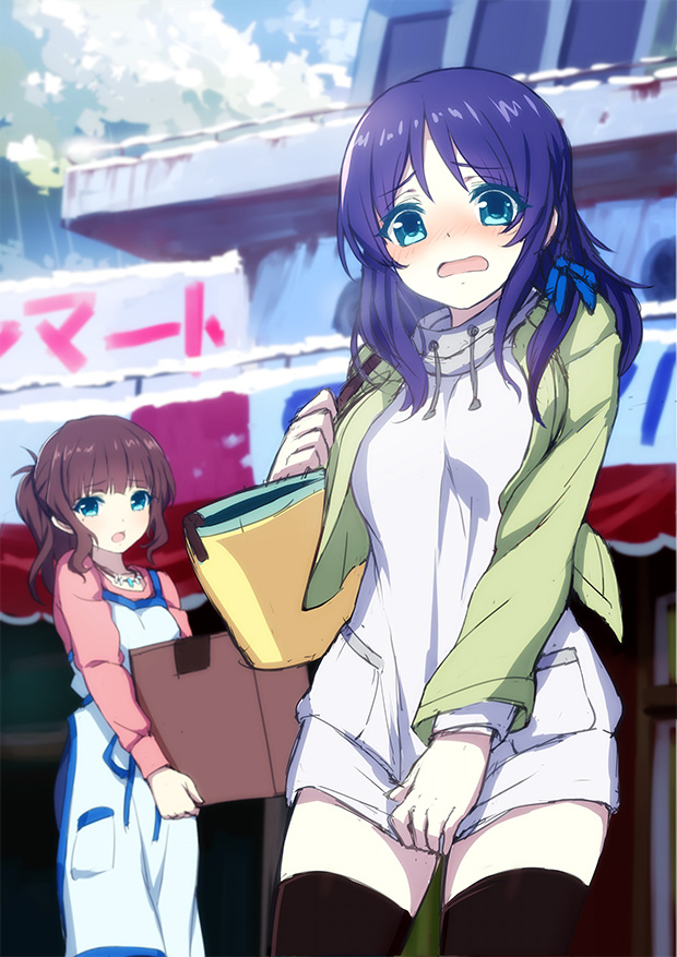 2girls, apron, bag, black_legwear, blue_eyes, blue_hair, box, brown_hair