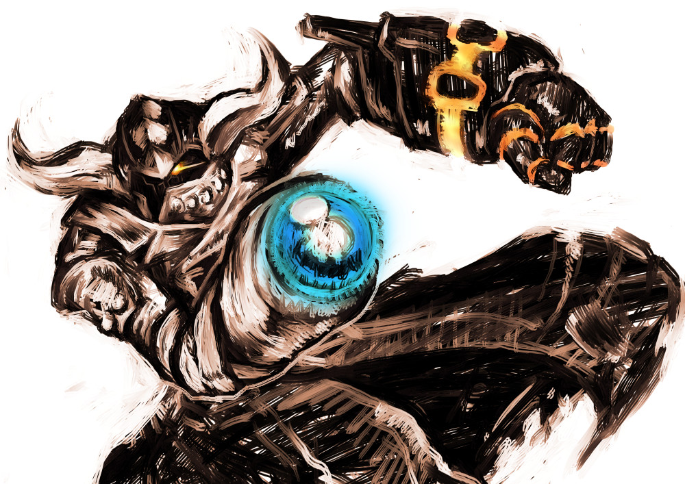 arm_cannon, asgard, coat, glowing, glowing_eye, helmet, horns, mask, no_humans, robot, rough, syensyenbui, weapon, white_background, wild_arms, wild_arms_3, yellow_eyes