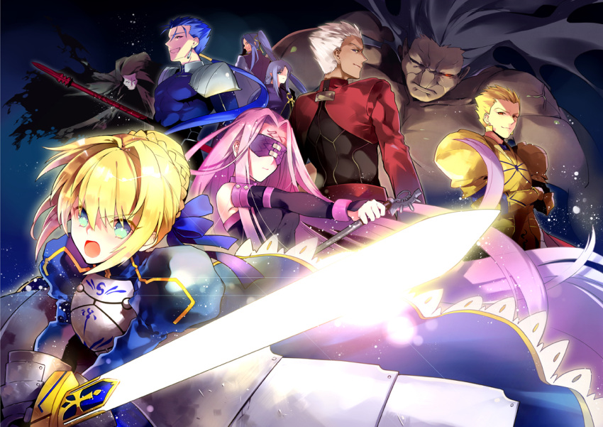 3girls, 6+boys, archer, armor, assassin_(fate/stay_night), berserker, blonde_hair, blue_hair