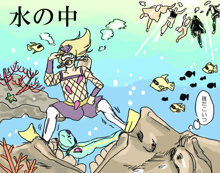 diver_down_(stand), high_priestess_(stand), jean_pierre_polnareff, jojo_no_kimyou_na_bouken, joseph_joestar, kakyouin_noriaki, kojiki, kuujou_joutarou