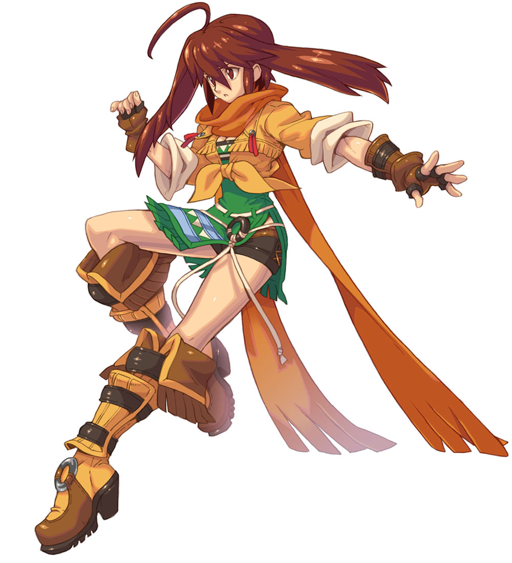 1girl, ahoge, boots, brown_eyes, brown_hair, cropped_jacket, fingerless_gloves, fujimoto_hideaki