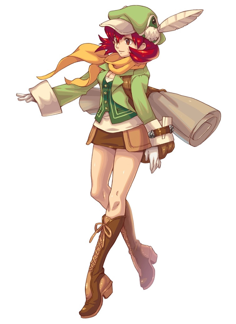 1girl, boots, brown_eyes, cross-laced_footwear, excavator_(wild_arms_xf), feathers, fujimoto_hideaki, hat