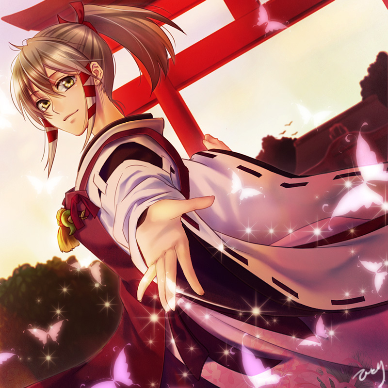 1girl, hitori_dogeza, inari_konkon_koi_iroha., japanese_clothes, light_particles, looking_at_viewer, miko, ponytail
