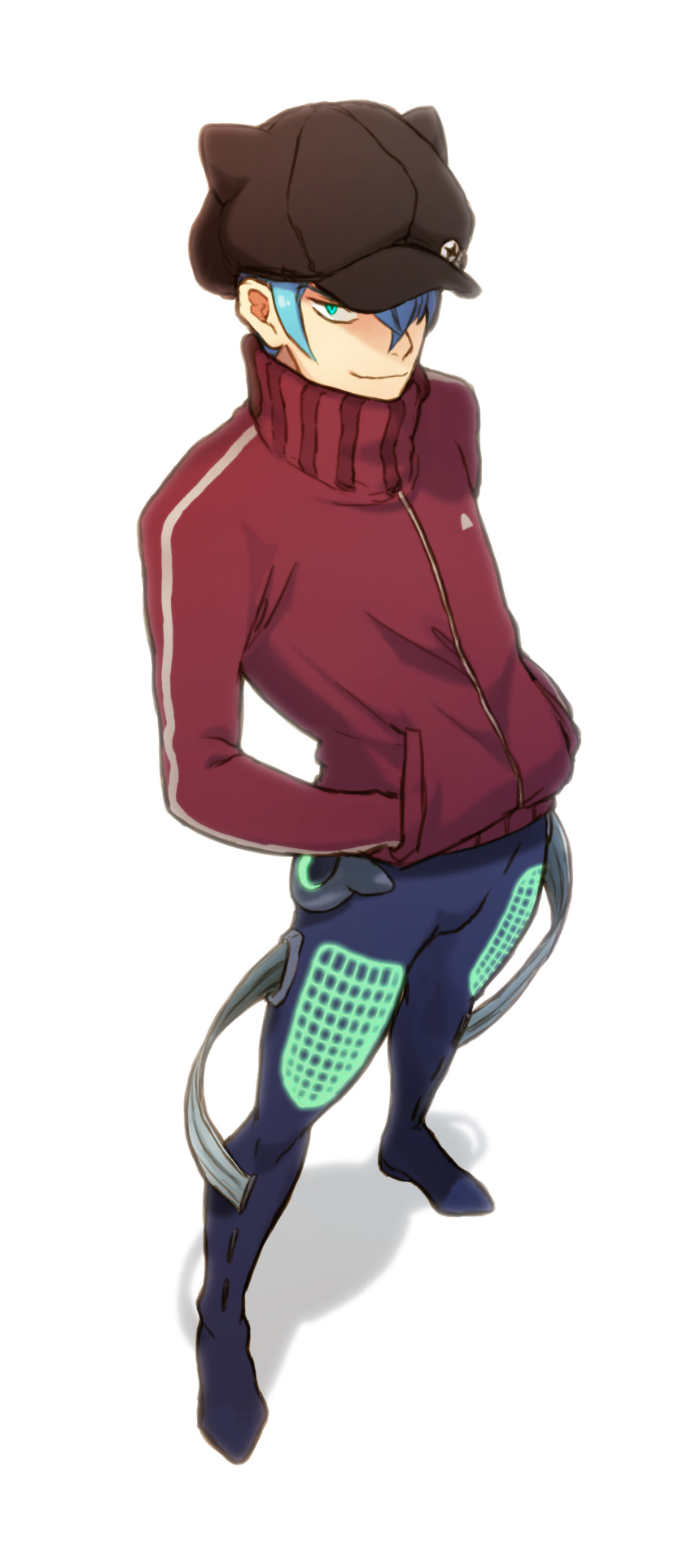 1boy, absurdres, animal_hat, blue_hair, cat_hat, cosplay, evangelion:_3.0_you_can_(not)_redo, hands_in_pockets, hat, highres, inumuta_houka, jacket, kill_la_kill, leeis_cool, male, neon_genesis_evangelion, no_glasses, probe_regailia, rebuild_of_evangelion, shikinami_asuka_langley, shikinami_asuka_langley_(cosplay), smile, solo, souryuu_asuka_langley, souryuu_asuka_langley_(cosplay), track_jacket, white_background