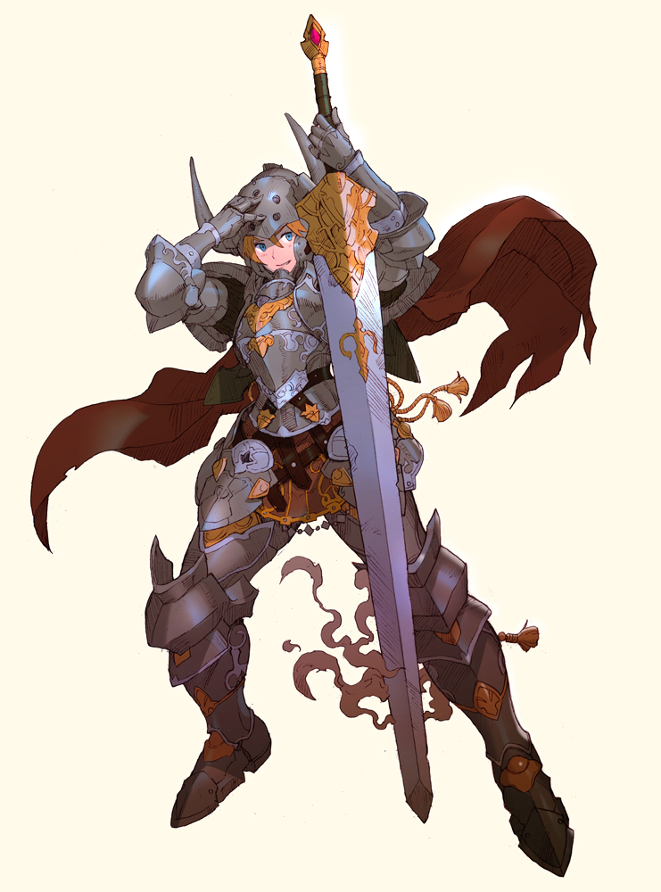 1girl, armor, blue_eyes, breastplate, cape, faulds, full_armor, gauntlets