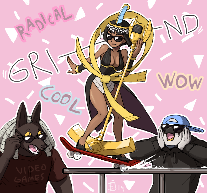 1girl, 2boys, albus_(skullgirls), ankh, black_dress, black_hair, breasts, casual