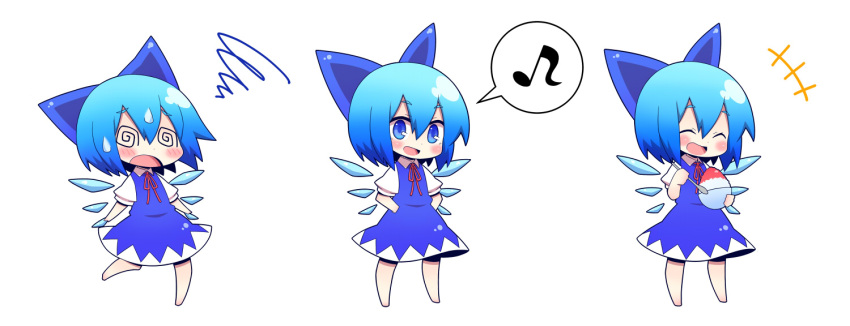 1girl, @_@, blue_eyes, blue_hair, cirno, eating, hair_ribbon, hands_on_hips