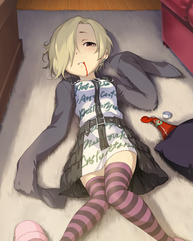 1girl, artist_request, bags_under_eyes, blonde_hair, blush, brown_eyes, carpet, dress