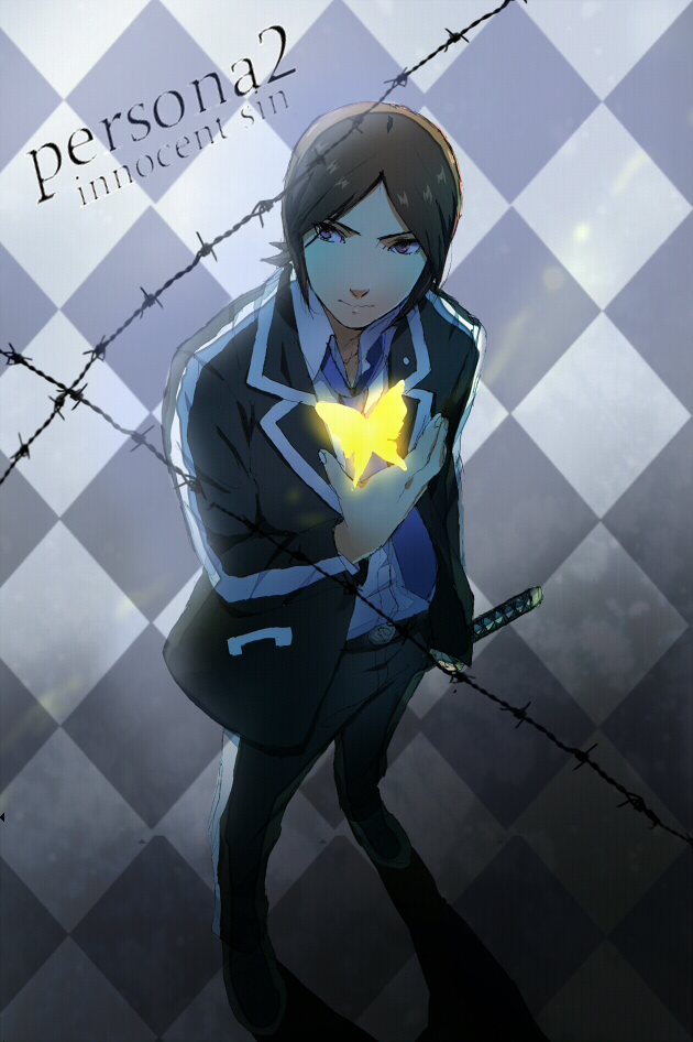 1boy, barbed_wire, brown_eyes, brown_hair, butterfly, copyright_name, from_above, katana
