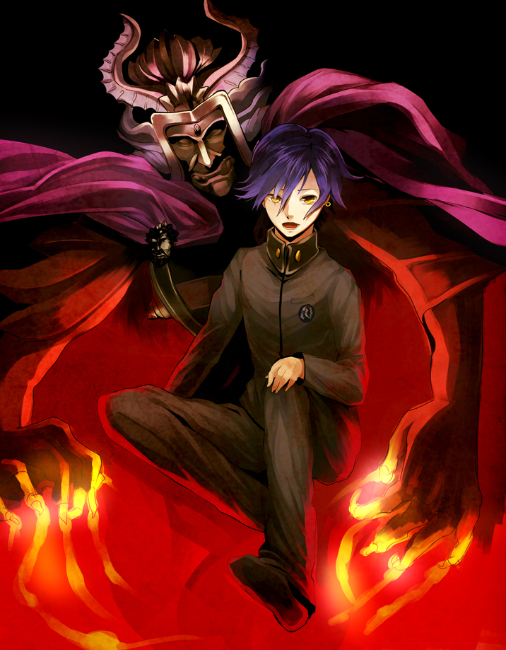 2boys, blue_hair, cape, horns, jewelry, multiple_boys, persona, persona_1