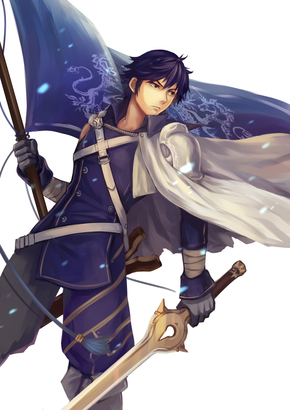 1boy, armor, blue_eyes, blue_hair, cape, dutch_angle, fire_emblem, fire_emblem:_kakusei