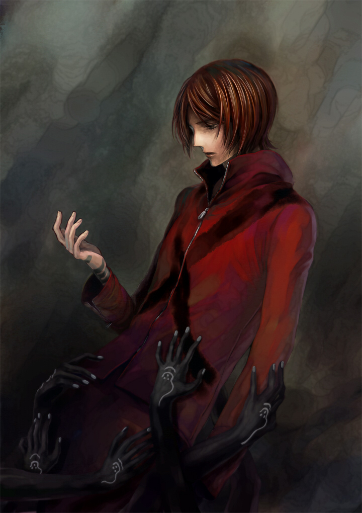 1boy, brown_hair, jacket, joka_(night_gate), persona, persona_2, red_jacket, solo