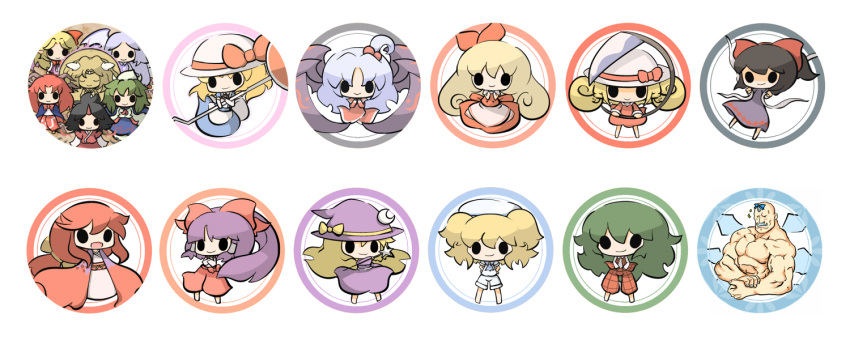 1boy, 6+girls, bat_wings, black_eyes, black_hair, blonde_hair, bow, chibi