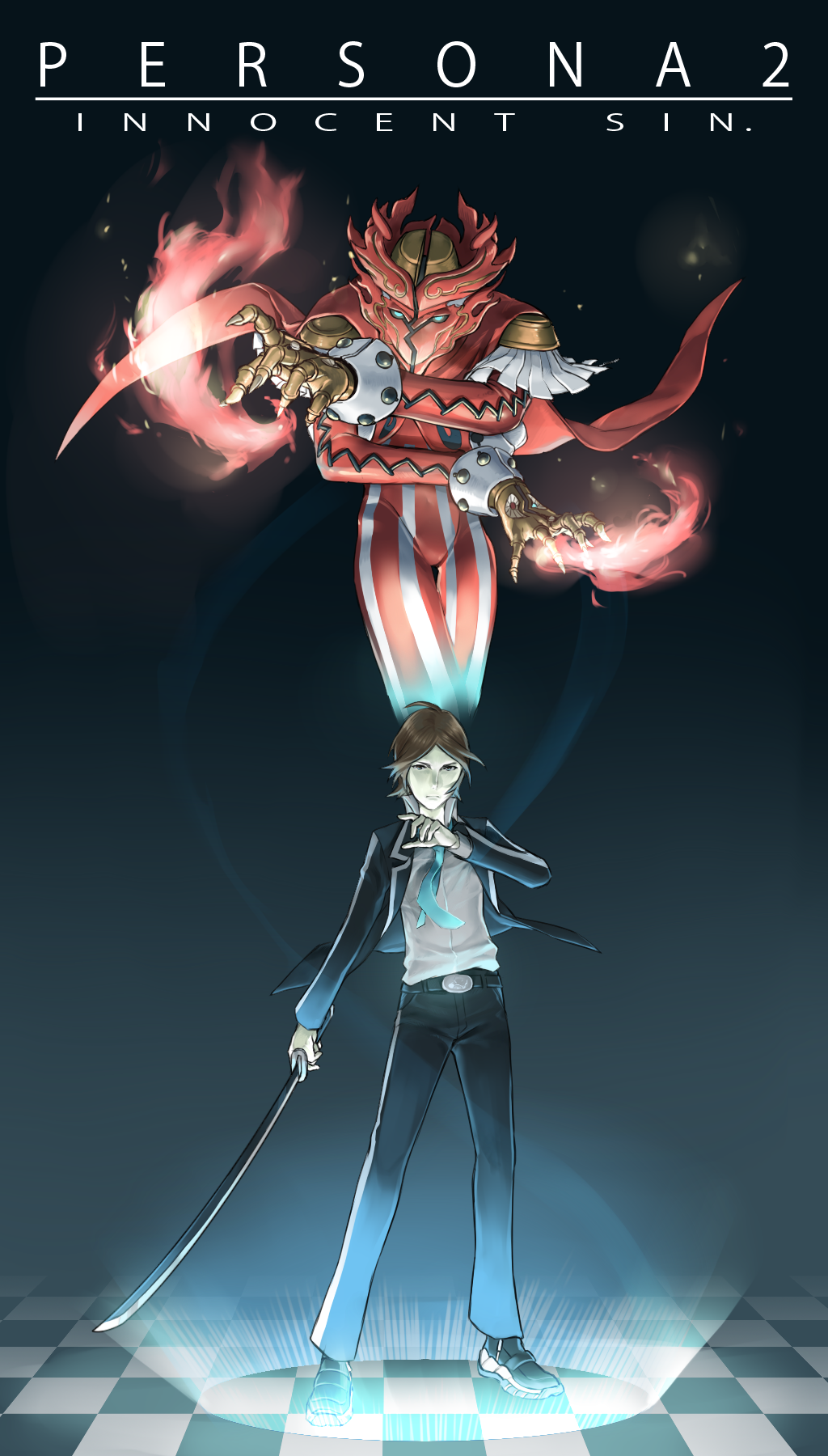 2boys, apollo_(persona_2), brown_eyes, brown_hair, checkered, checkered_floor, fire, highres