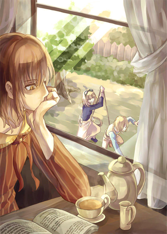 1girl, 2boys, blonde_hair, blue_eyes, book, cup, fiamma_of_the_right, goggles