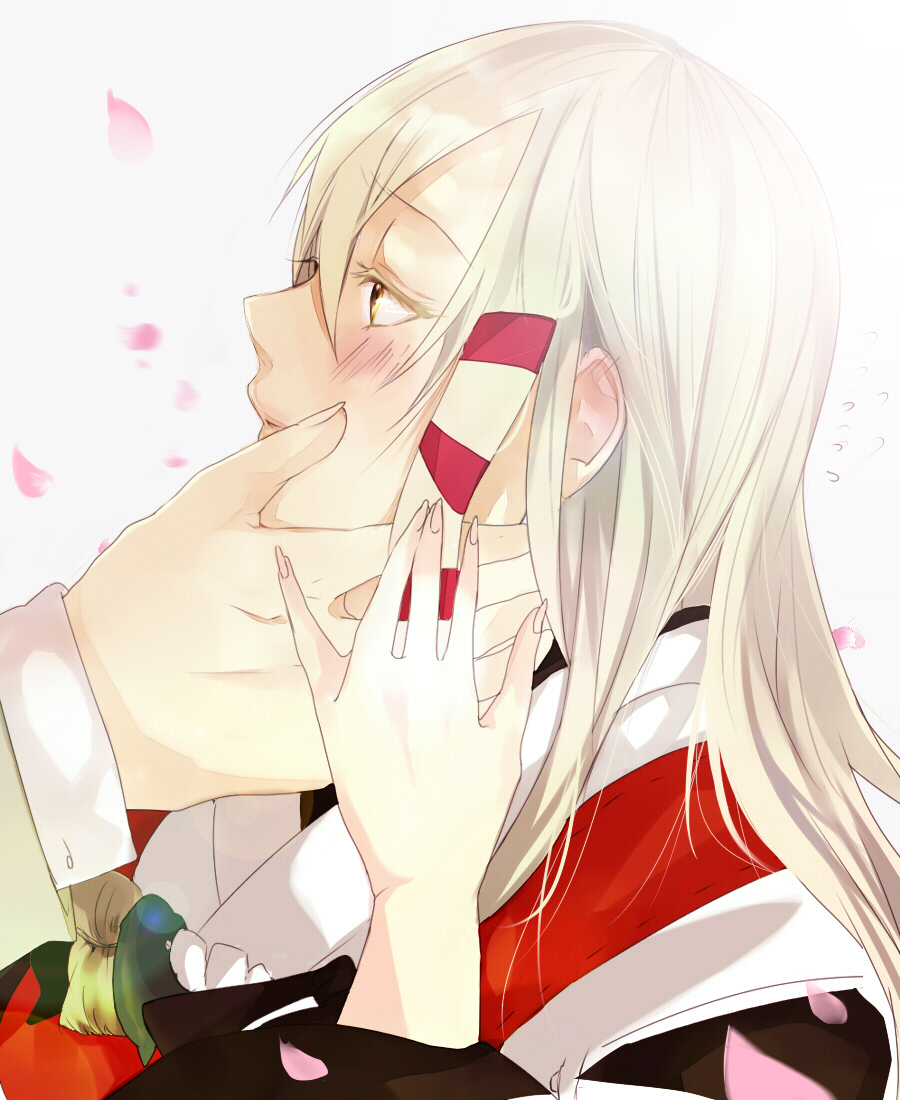 blonde_hair, blush, cherry_blossoms, hands_on_another's_face, inari_konkon_koi_iroha., japanese_clothes, kona66, long_hair